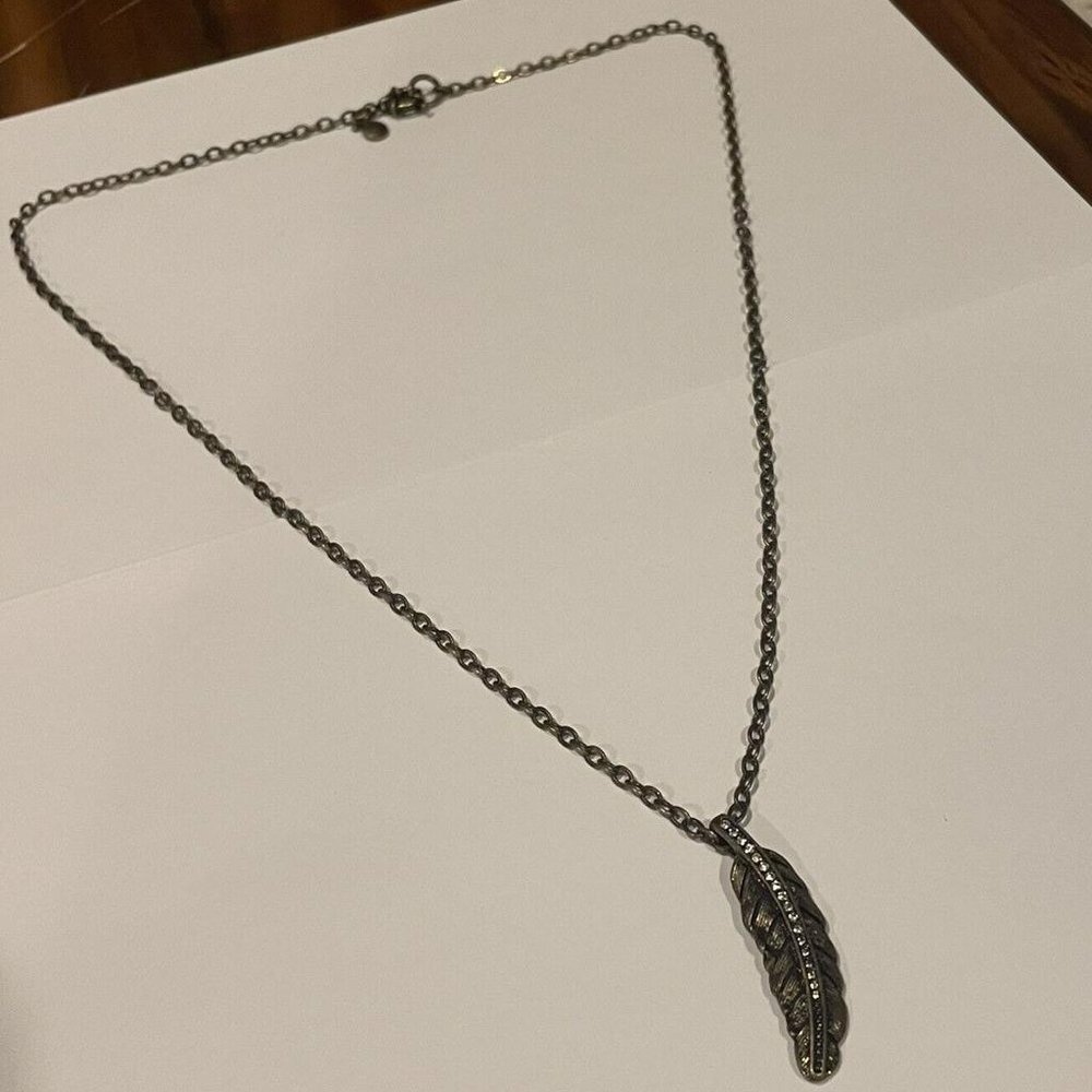 Signed J. Crew Brass Tone Chain Necklace Feather Pendant With Rhinestone
